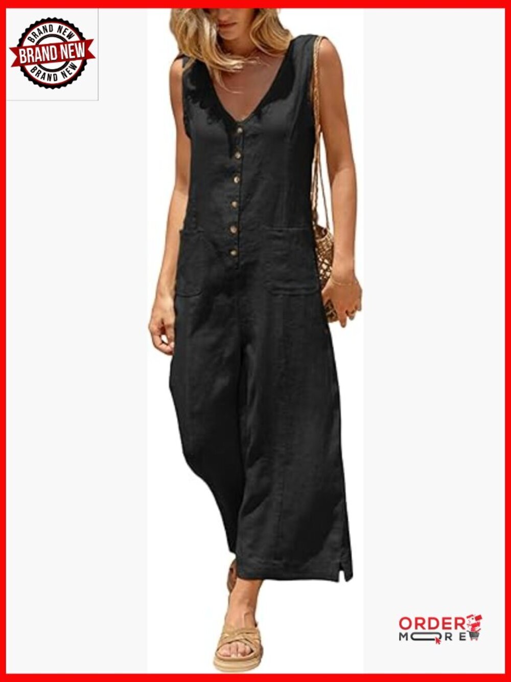 Cotton Linen Button Down Jumpsuit Sleeveless Wide Leg Romper Overall